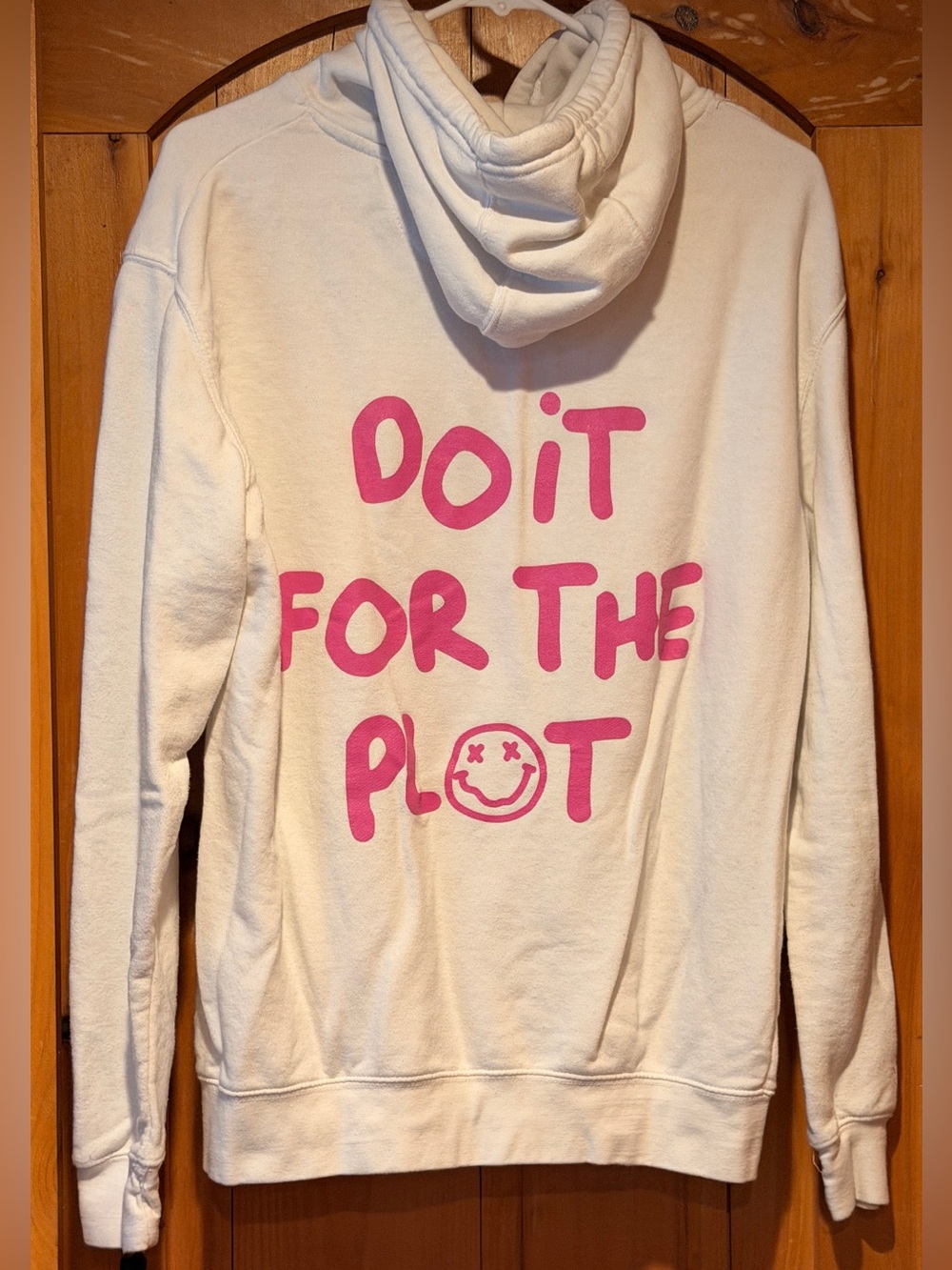 White Hoodie with Pink 'Do It For The Plot' Graphic